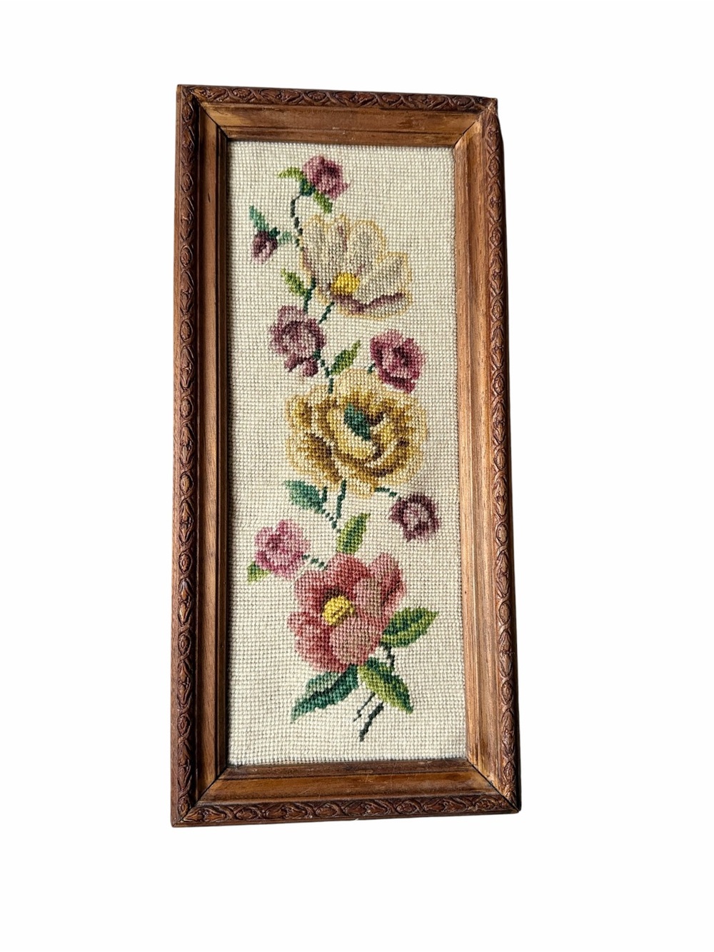 Vintage Framed Needlepoint Floral Wall Art - Pink & Yellow Roses